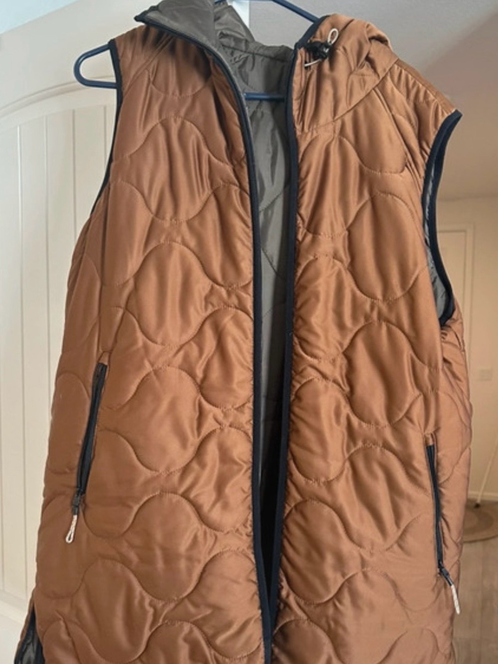 Tribal Quilted Hooded Vest in Brown with Gray Lining